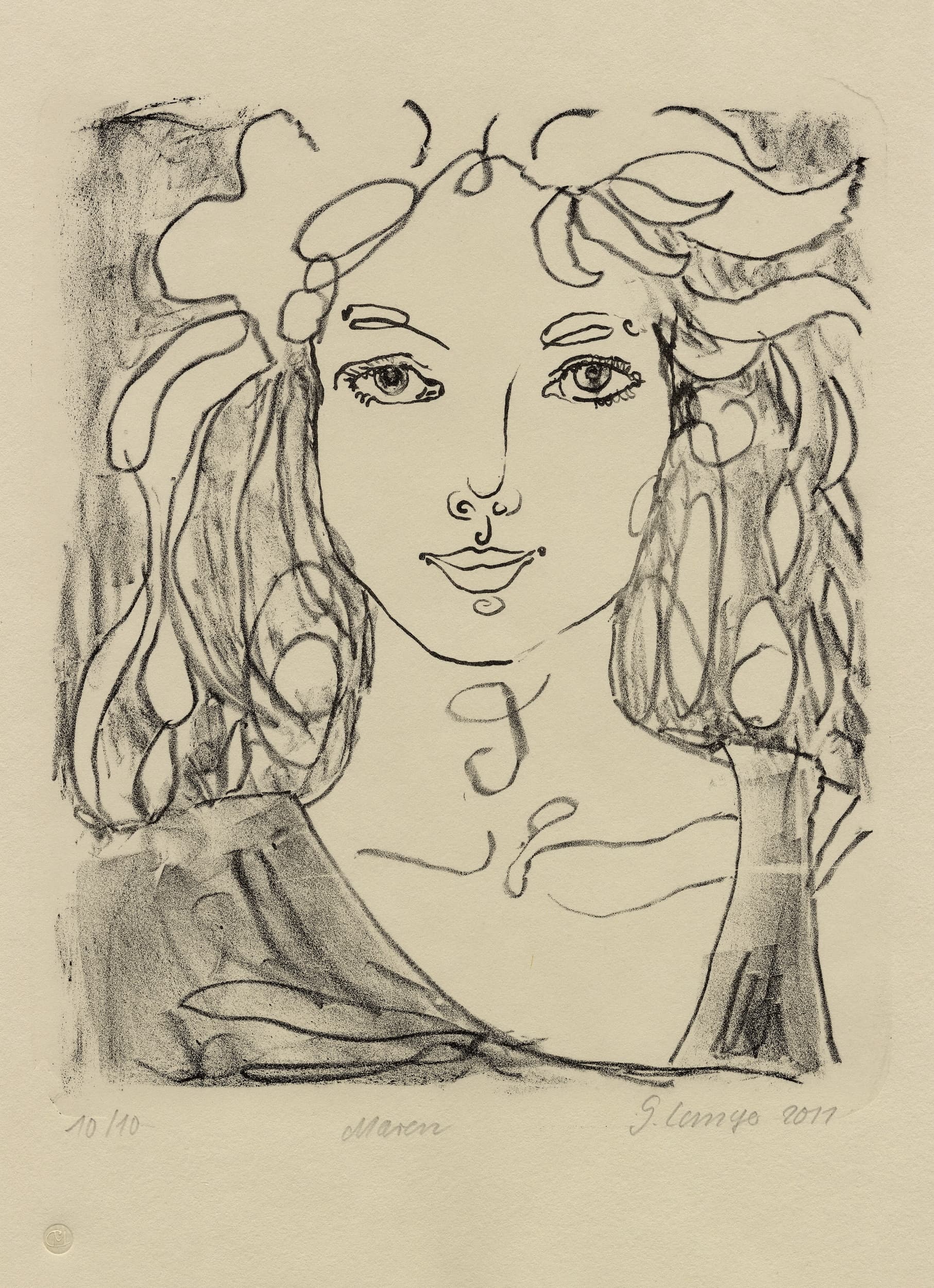 Gunter Langer, Portrait einer Frau, 2011, Lithographie (Druckgrafik), Büttenpapier